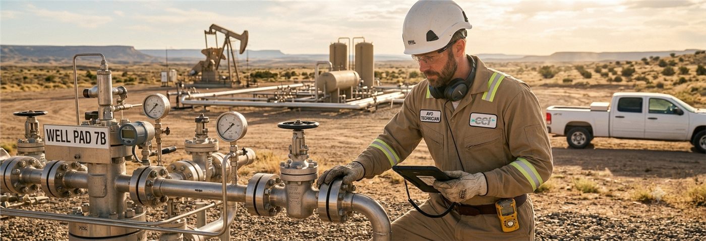 A CCI AVO technician inspecting a wellhead valve with a handheld tablet at a well pad