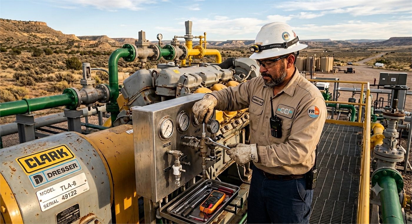 A CCI compressor mechanic servicing a gas compressor unit at a San Juan Basin well site