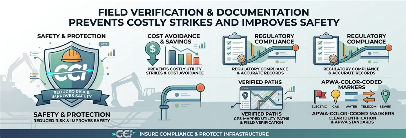 Infographic summarizing CCI's damage prevention process: safety, cost avoidance, compliance, verified paths, and APWA color-coded markers