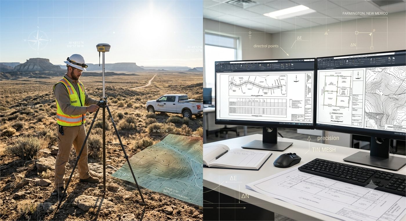 A CCI survey crew member using GPS survey equipment in the field, alongside CAD drafting work in the office