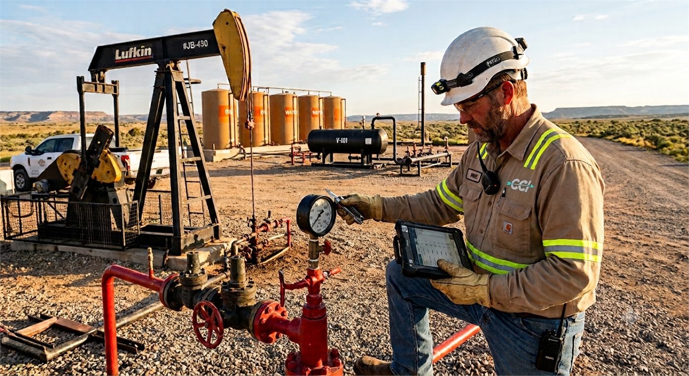 A CCI lease operator checking a pressure gauge at a pumping unit and tank battery