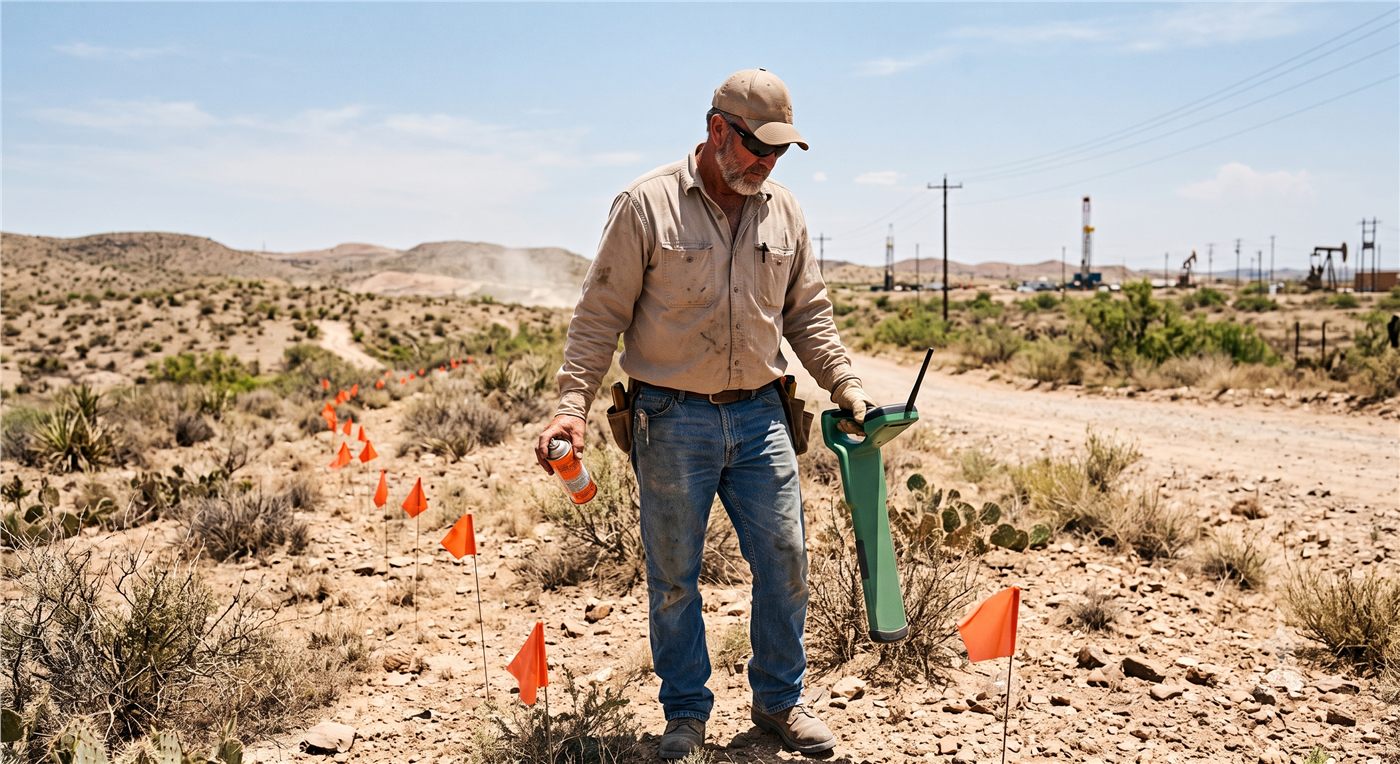 A CCI locating technician marking underground utility lines with flags in the field