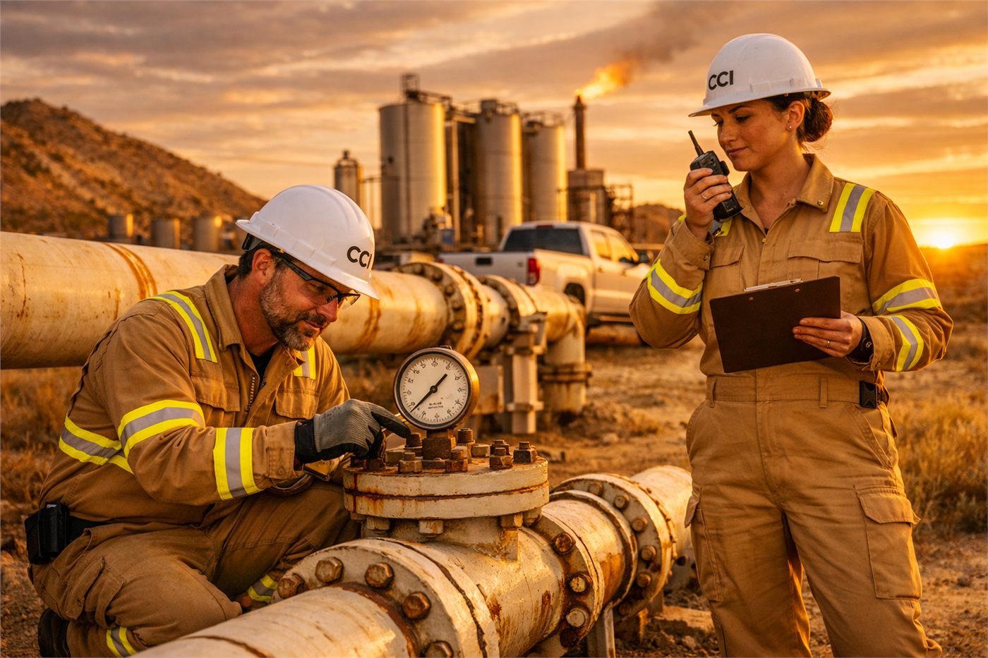 Two CCI pipeline technicians checking a pressure gauge on a pipeline near a tank battery at sunset